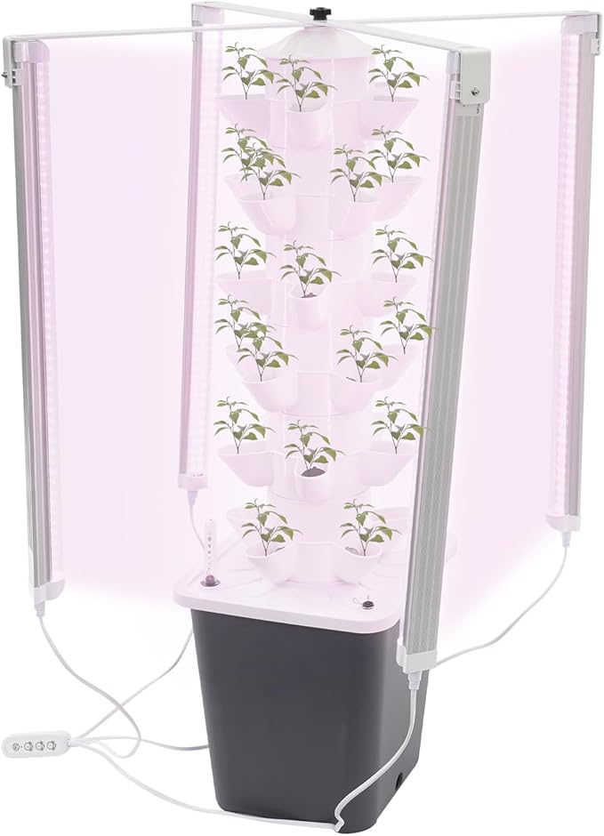 Hydroponic Tower 6-Tier 30-Plant Hydroponic Growing Kit with Light Strips &amp Water Tank Outdoor Indoor Vertical Hydroponic Planter Self-Watering Garden Planter Tower (Black Water Tank)