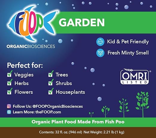 FOOP Garden - Organic Liquid Plant Food Made from Fish Manure (with Fresh Minty Scent) | Fish Fertilizer Alternative Perfect for Veggies Herbs FlowersTreesShrubs | Kid&ampPet Friendly (1G 2 Pack