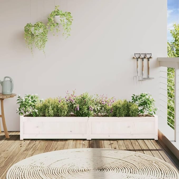 White Solid Pine Wood Rectangular Garden Planter 70.9x12.2x12.2 Inch Outdoor Raised Garden Bed for Flowers Vegetables Durable Patio Deck Planter Box