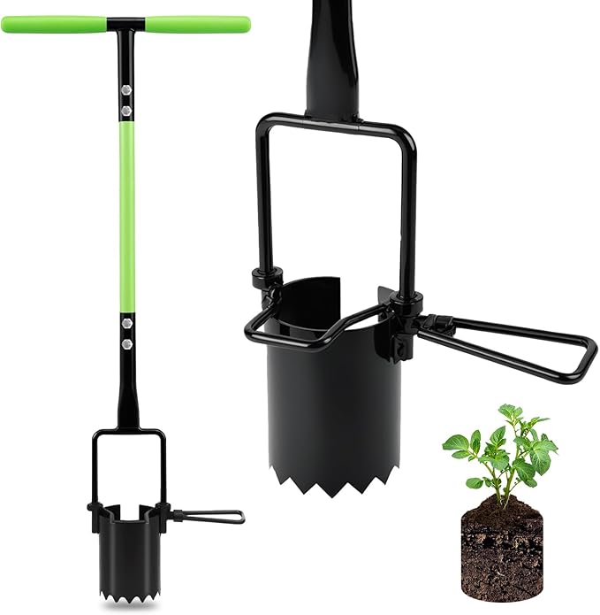 Joyhalo Bulb Planter Tool Long Handle 30in Serrated Base 5 in 1 Lawn Tool Sod Cutter Grass Plugger Tool Weeding Transplanting Garden Hole Digger for Plants Flower Tulips Daffodils Lily