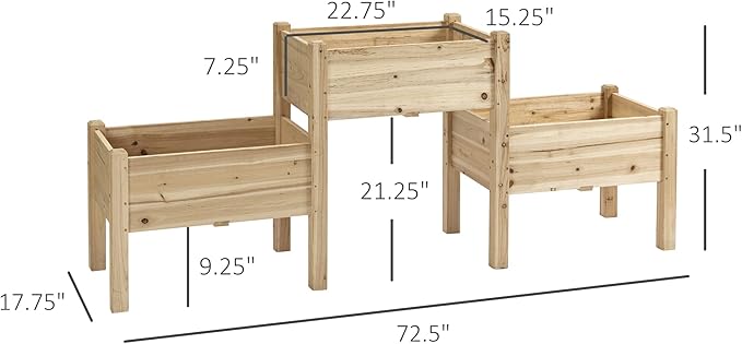 Raised Garden Bed with 3 Planter Box Elevated Wooden Plant Stand with Drainage Holes for Vegetables Herb and Flowers Natural