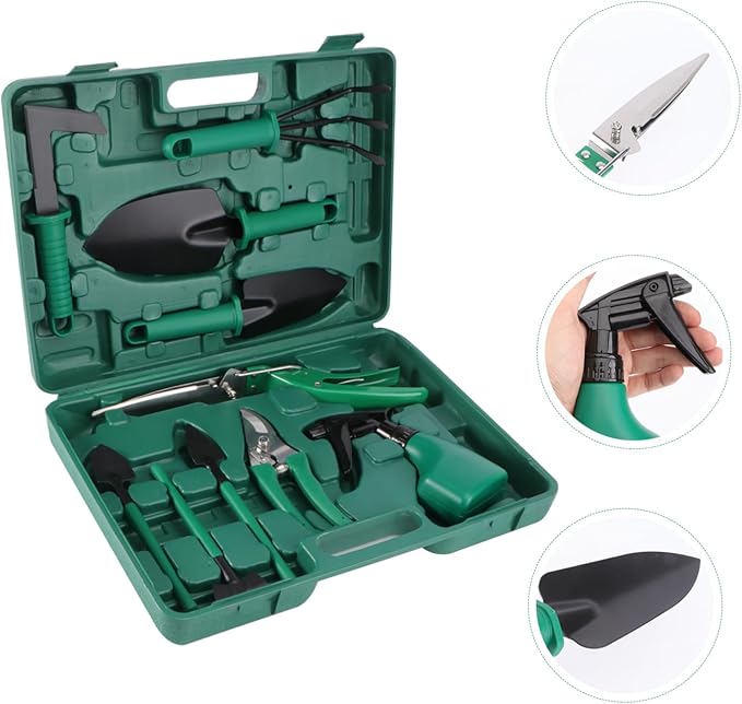 SUPVOX -1 Garden Tool Kit 10 Pcs Set with Case Shovel Rake Hoe Weeder Spade Pruning Shears Sprayer for Mom