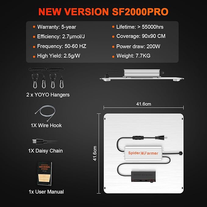 SPIDER FARMER SF2000Pro Samsung LM301H EVO Led Grow Light Full Spectrum Plant Grow Light Dimmable &amp High Efficiency &amp Deeper Penetration Lamps for Seed Starting Vegetables Bloom in 3x3 Grow