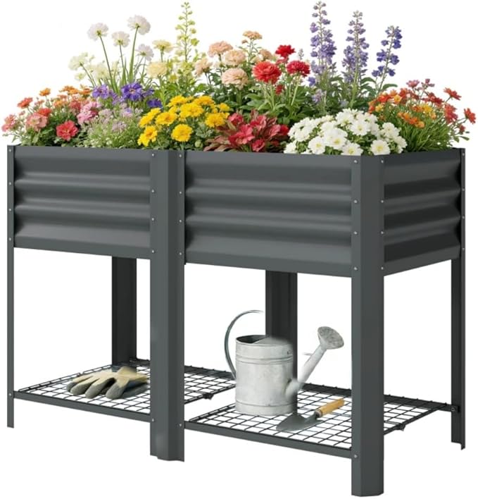 Raised Garden Bed39.6 Gal CapacityPowder-Coated Galvanized Steel Supporting Up to 396 lbsIncludes a Bottom Shelf6 Legsfor Backyard Patio Balcony
