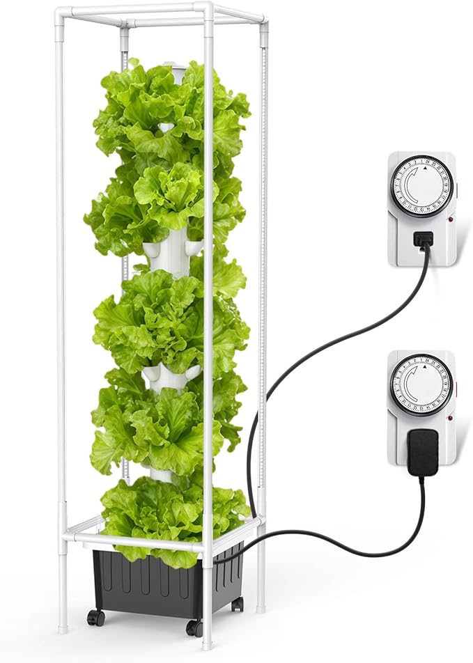 JESLED Hydroponic Growing System 15 Tiers Hydroponic Tower with 5000K Full-Spectrum Grow Lights Dual Timers for Auto Watering &amp Lighting Home Indoor Garden with 20L Water Tank High 66.2