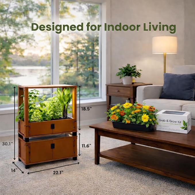 Hydroponic Home Garden Farm with LED Grow Lights + Grab &amp Grow Kit Included | Organic Microgreens Herbs &amp Vegetables | Real Wood Design | Stackable Mess-Free Year-Round Harvest (Natural)