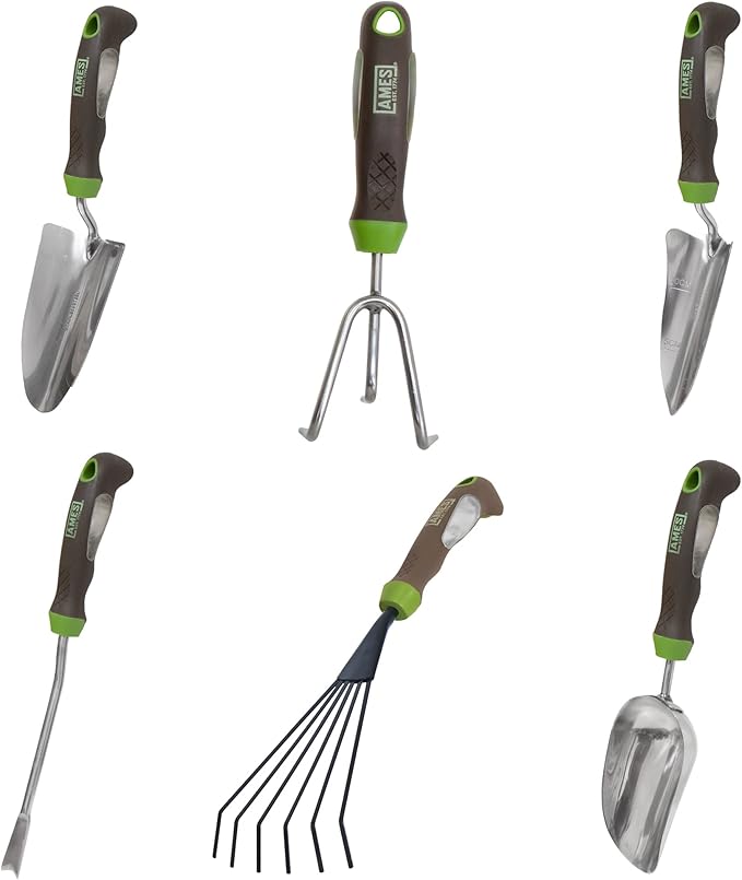 AMES 24451009 6-pc. Ergo Gel Grip Garden Tool Set with Hand Trowel Weeder Rake Transplanter Scoop &amp Cultivator