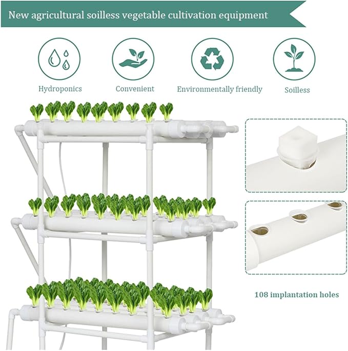 Hydroponics Growing System KitBalcony-Type Hydroponic Vegetable Growing MachinePVC Plant Sites with 108 Plant SitesGardening System Grow Kit with Water Pump Timerfor VegetablesFruitsHerbC