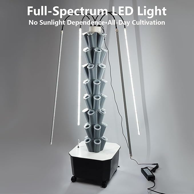Hydroponics Growing System Kit 40 Pods 8 Tiers Vertical Gardening System with Wheels Outdoor Indoor Herb &amp Fruits Growing Tower with LED Grow Lights and Auto Water Pump System Gray