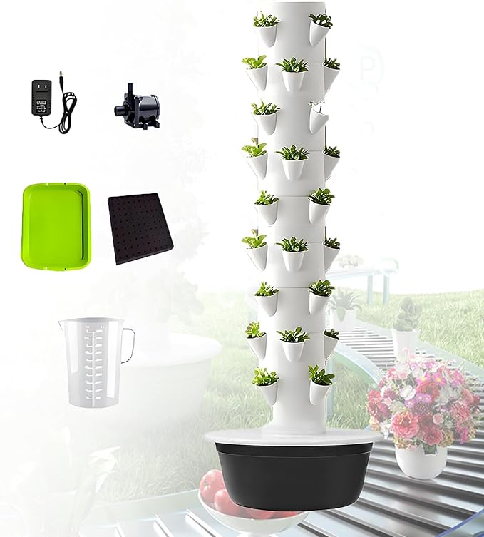 Hydroponics Growing System Vertical Tower with Hydrating Pump and Movable Water Tank Hydroponic Tower Garden Kit Hydroponic Planter Aquaponics Growing Kits Herb Garden Black-9Layer