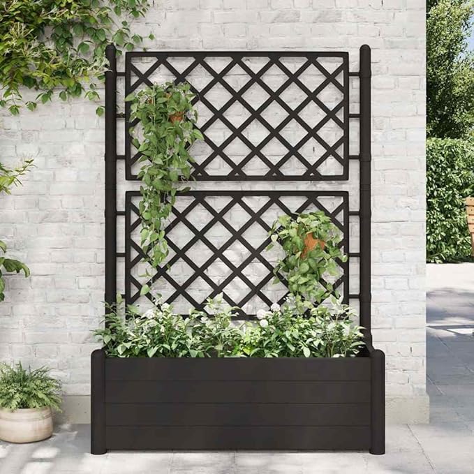 Garden Planter with Trellis Anthracite PP 90L Capacity Rectangular Raised Garden Bed for Outdoor Plants 39.4x16.9x55.9 in