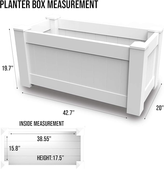 E&ampK Sunrise 43x20x20 Raised Garden Bed White Vinyl Above Ground Planter Box for Growing Vegetables Flowers Herbs DIY Gardening Yard Patio Lawn Outdoor (1 Pc)