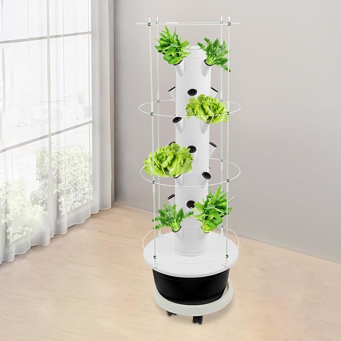 7-Tier 28 Plant Hydroponic Growing Tower Indoor/Outdoor Vertical Garden System with Climbing Trellis Garden Hydroponic Growing Kit for Growings Lettuce Strawberries Herbs Vegetables