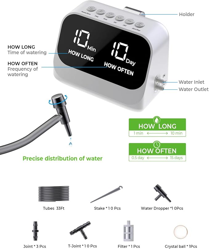 Automatic Watering System for Potted Plants Plant Waterer DIY Drip Irrigation Kit with Smart Timer Waterproof LED Display &amp Large Capacity Battery Precise Distribution of Water (White)