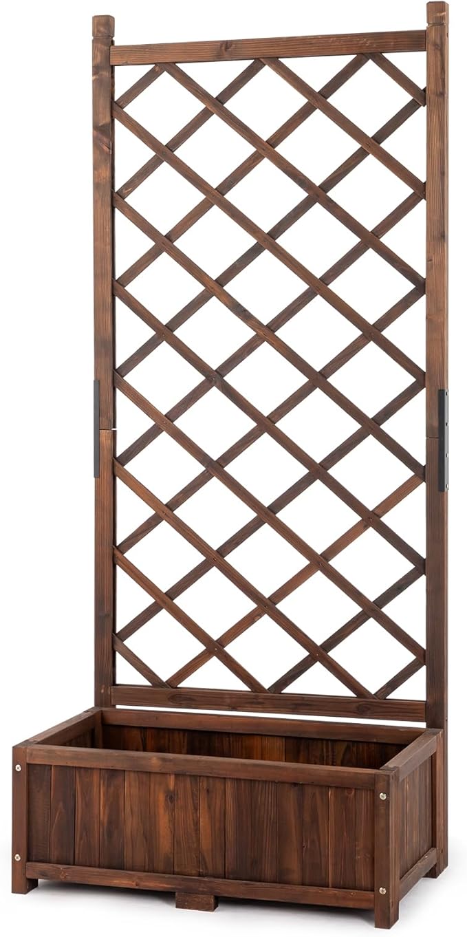 Outvita Wood Planter with Trellis 29 x 17 x 67 Outdoor Raised Garden Bed with Drainage Holes Vertical Standing Planter Box for Climbing Plants Vegetable in Garden Patio Balcony (Brown)
