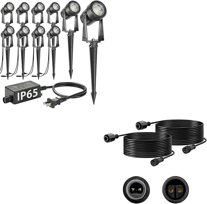 SUNTHIN 10 Pack Warm White Landscape Lighting with 2pcs 6.5FT Extension Cord for Outdoor Extend The Illumination Range
