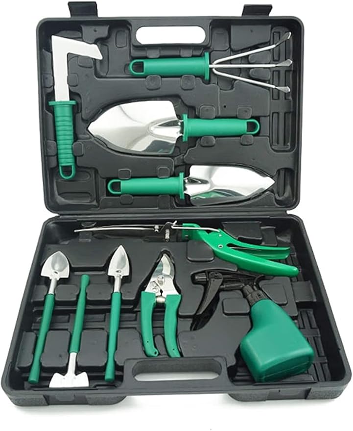 10 PCS Garden Hand Tools Set Planting KitGarden Work Tool with Carrying Case Gardening Tools with Water Proof and Never Mould ToteHandle Rake Weeder Trimmer Scissors Garden Hand Tool Belt Suitcase