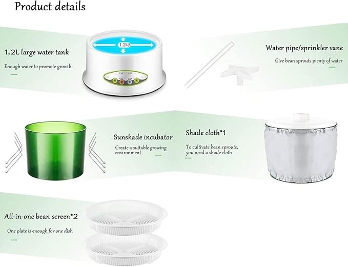 Bean Sprouts Machine 360° Sprinkler Household Seed Sprouter Kit Electronic Seed Sprout Maker for Sprouting Seeds