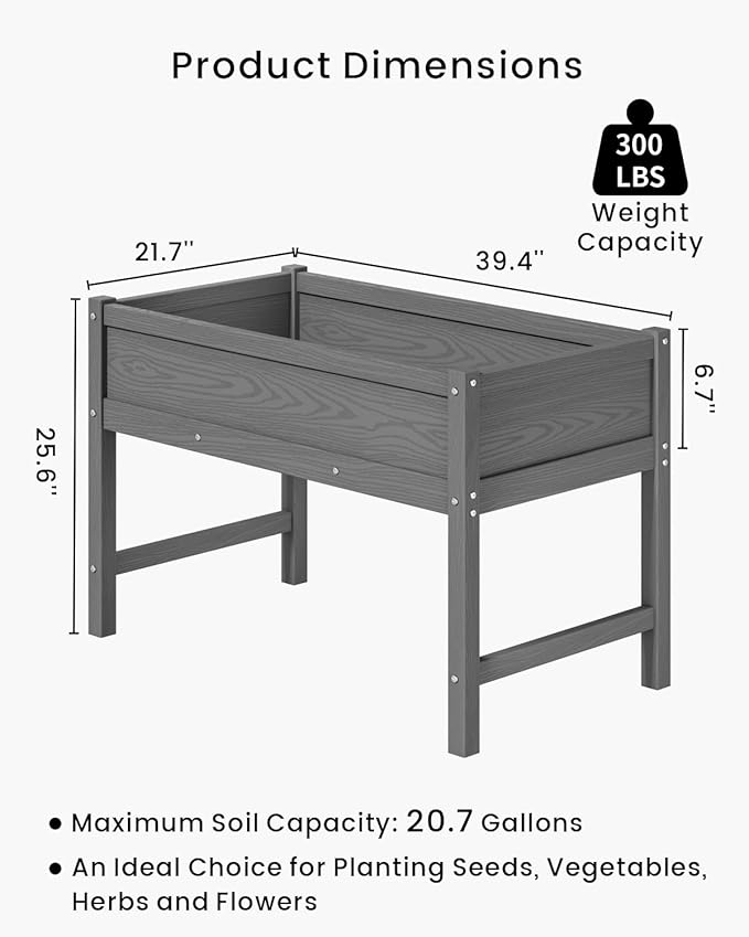 HDPE Raised Garden Bed with Legs Outdoor All-Weather Elevated Planter Box Raised Beds for Seeds Herb Flower Vegetable (Grey)
