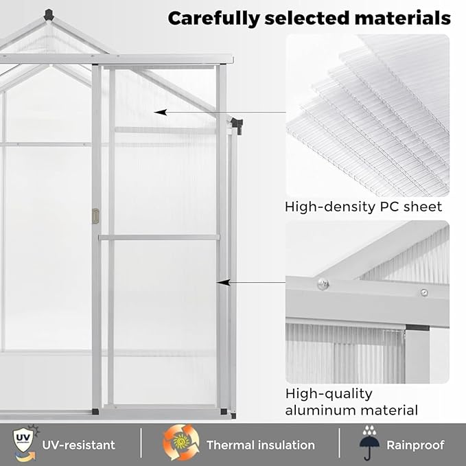 6 x 6 FT Greenhouse for OutdoorsAluminum Walk-in GreenhouseSilver