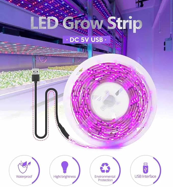 LED Grow Light Full Spectrum Waterproof 5V USB Grow Light Strip 2835 Chip LED Phyto Lamp for Indoor Veg Plants Flowers Seedling Greenhouse Hydroponic Plant Growing Lamp Succulent Fill Light (2m-USB)