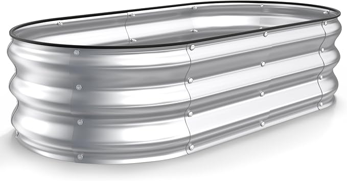 Kesfitt Raised Garden Bed 4x2x1 FT Galvanized Steel Metal Raised Garden Bed Oval Open-Bottom Design 12-Inch Deep for Outdoor Vegetable &amp Herb Gardening Silver