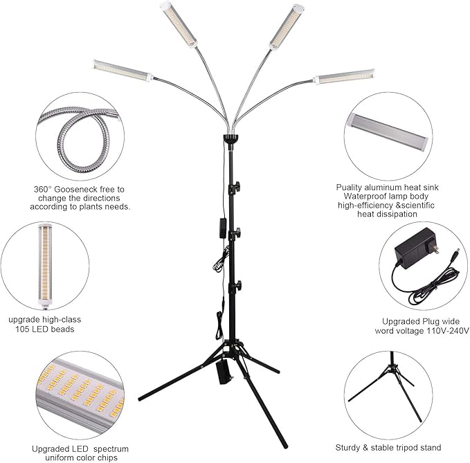 LED Grow Lights for Indoor Plants 420 LEDs Full Spectrum Plant Lights for Indoor Growing with 15-63 inches Adjustable Tripod Stand 4 Heads Floor Grow Lamp with 3/6/12H Auto On/Off Timer Function