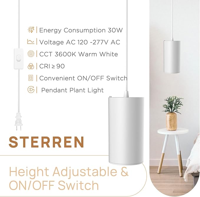 STERREN LED Grow Light White Plug in Hanging Lights for Indoor Plants Full Spectrum Grow Lights with On/Off Switch Decorative Pendant Lights with 21 Ft Height Adjustable Power Cord