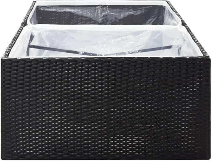 Large Rectangular Outdoor Garden Planter Raised Bed Black 61.8x61.8x15.7in with Steel Frame Synthetic Rattan for Flowers Plants on Patio Terrace Balcony
