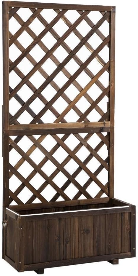 Raised Garden Bed Planter Box with Built-in Trellis and Drainage Holes for Vegetables Herbs and Climbing Plants (Brown + Wood)