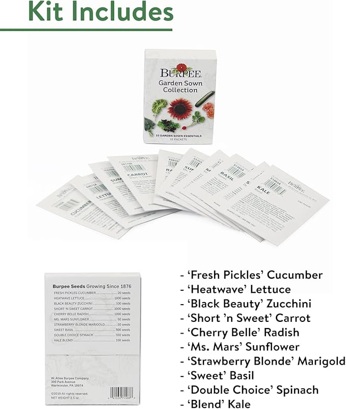 Burpee Garden Sown Flower Herb &amp Vegetable 10 Packs of Non-GMO Basil Lettuce Cucumber Radish Spinach Kale Zucchini Sunflower &amp Marigold Seeds for Planting
