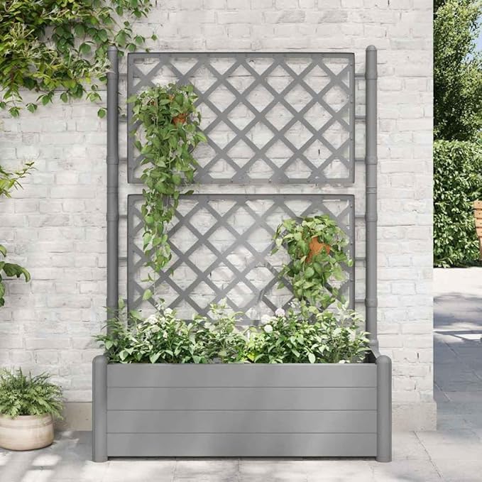 Garden Planter with Trellis Standing planters Raised Flower Bed Garden beds Outdoor Planter Boxes Suitable for Corridor Courtyard Orchard Nursery 39.4x16.9x55.9 PP Stone Gray