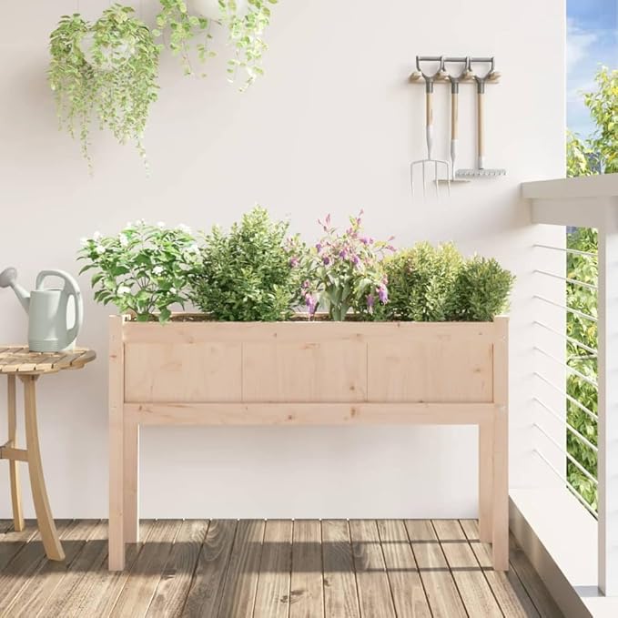 Garden Planter Natural Wood Solid Pine Wood Large Rectangular Raised Bed for Outdoor Plants Oiled Finish 43.3 x 27.6 Inch