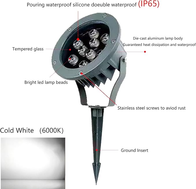 Kiven Outdoor Landscape Plug-in LED Lighting with Timer Function 9W Waterproof Yard Lights COB Led Spotlights with Spiked Stand for Lawn Decorative Lamp IP65 Indoor Wall Light 6000K