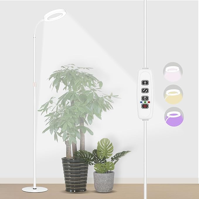 Grow Light for Indoor Plants Full Spectrum LED Halo Plant Lights with Stand Floor Standing Growing Lamp with Adjustable HeightAuto Timer for Tall Large Plant (20W-White)