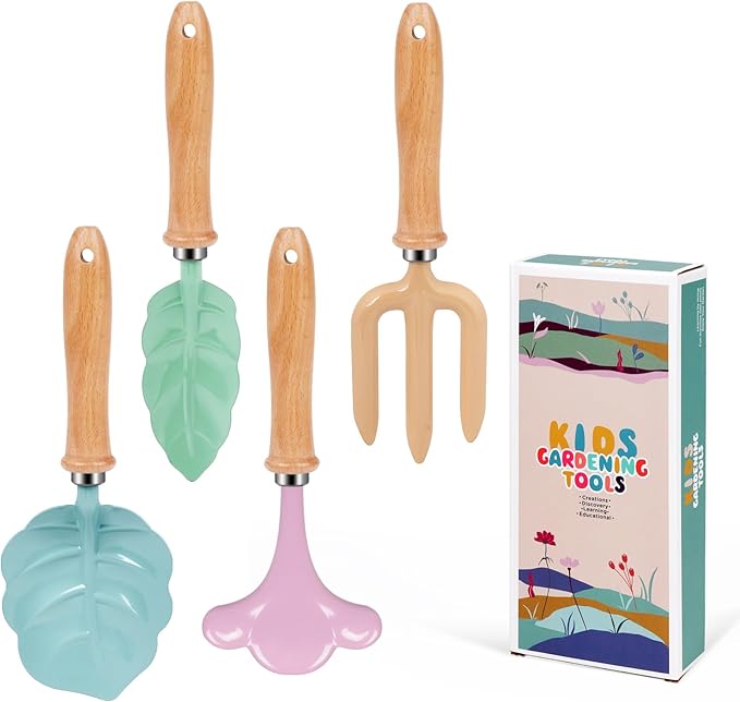 Kids Gardening Tools Set - 4pcs Wheelbarrow Set for Kids with Shovel Rake Leaf Rake Summer Outdoor Yard Digging Weed Toys Easter Birthday Gifts for Boys Girls Age 2 3+ Years (4 White)