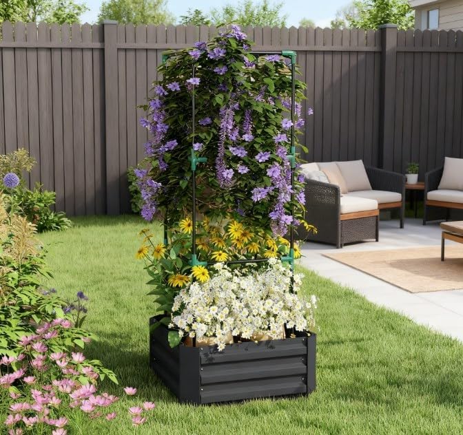 Modular Galvanized Garden Bed with Detachable Plant Cage All-in-One Raised Planter System for Climbing Vegetables &amp Flowers Easy Assembly Design (Dark Gray)