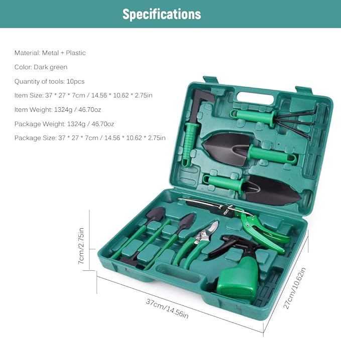 Garden Tool Set 10 Pcs Stainless Steel Garden Tool Kit with Organizer Case - Heavy Duty Gardening Set Including Pruning Rakes Shovels Sprayers Weeding Scissors Potted Plant Props and More