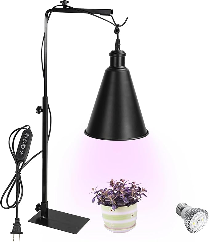 Free Standing Plant Grow Red &amp BlueLighting Adjustable Height 15 Feet Plug Timer Switch Cord Black Cone Shade Simple Design for Plants Growing Indoor Gardening