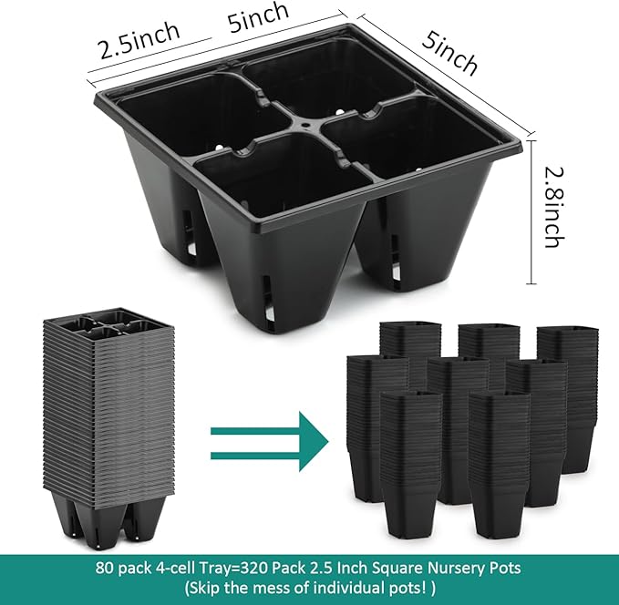 80 Pack Reusable 4-Cell Seed Starter Tray for Seedlings Easy Watering Seed Starting Trays with Drainage Holes for Seed Germination and Plant Start Fits Standard 1020 Trays Black