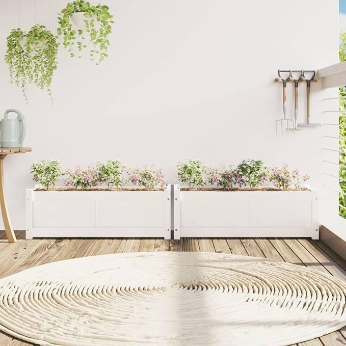 White Solid Pine Wood Garden Planter Set of 2 Large 35.4 Rectangular Outdoor Raised Garden Bed for Flowers Herbs Patio Decor