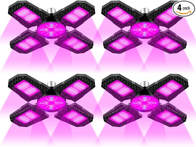 4Pack 100W Indoor Plant Grow Lights E26/E27 Deformable Full Spectrum Hydroponic Lamps Red Blue Greenhouse Tent Lighting 110V Four Leaves Adjustable Folding Seedling Fill Lights Fruit Flowers Cultivate