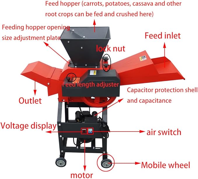 220V 4-Blade Hay Cutter Pulverizer with Feed Hopper Crop Straw Breaker Grass Crusher Grass Chaff Cutting Machine 400-800KG/H 2.2KW