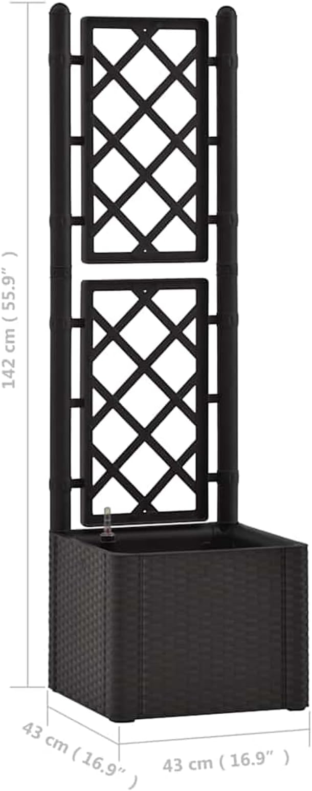 Garden Raised Bed with Trellis and Self-Watering System – Anthracite 4?x4?x5? 35L Capacity UV-Resistant Plastic Rattan-Style Includes Water Level Indicator