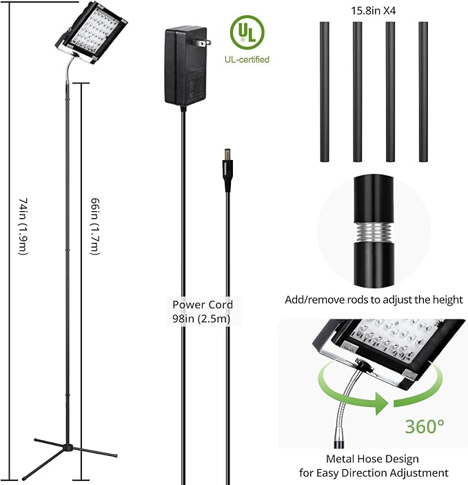 Grow Light 66 Inches Adjustable Tripod Standing Grow Lights for Indoor Plants 45W Dimmable LED Plant Light for Indoor Growing 6/12/16h Timing Floor Plant Grow Lights for Large Tall Plants