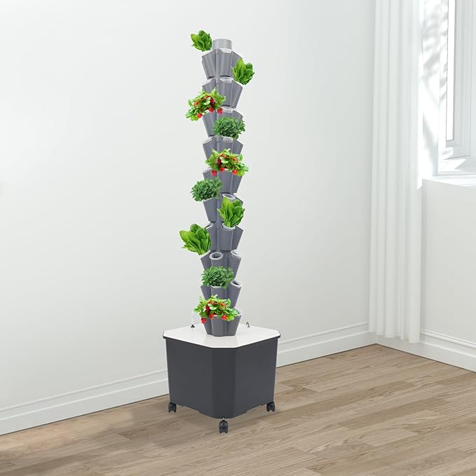 10-Tier 50-Hole Vertical Hydroponic Growing System with Wheels &amp Timer | Indoor Outdoor Herb Garden Kit for Lettuce Strawberries Vegetables | Soilless Self-Watering Planter (Grey)
