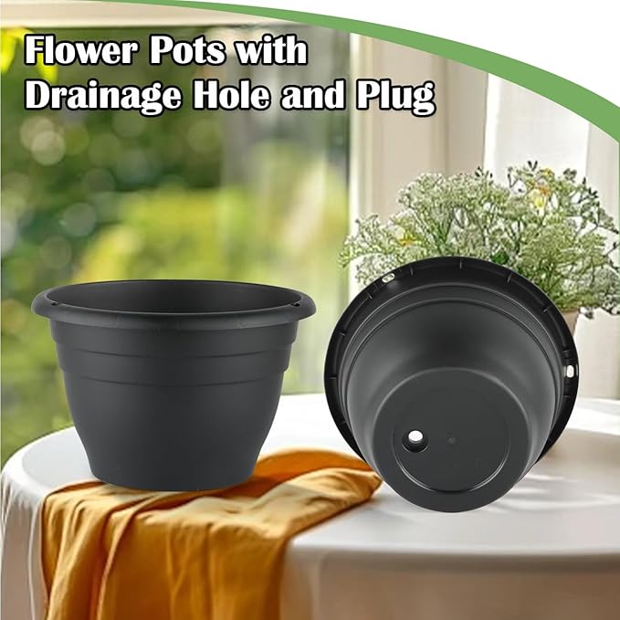3 Pack 11 Inch Plant PotsPlastic Flower Pots with Drainage HolesLightweight Durable Planters for Indoor Outdoor PlantsModern Decorative Pots for Patio Garden(Black)