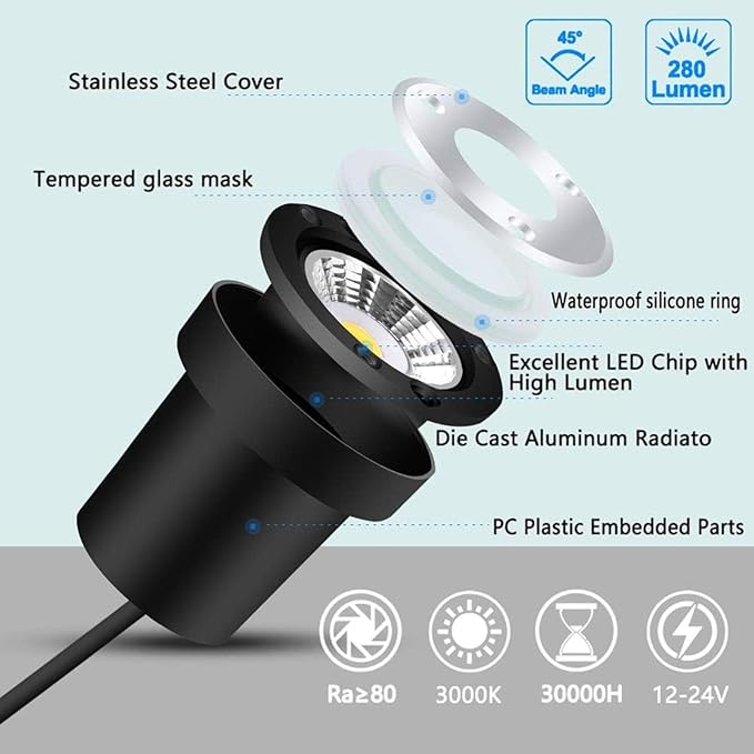 6PCS Ground LED Landscape Lights - 3W Outdoor Recessed Spot Light IP67 Waterproof Garden Buried Lights DC 12V-24V Round Stainless Steel LED Ground Floodlight(Neutral3W(DC24V))