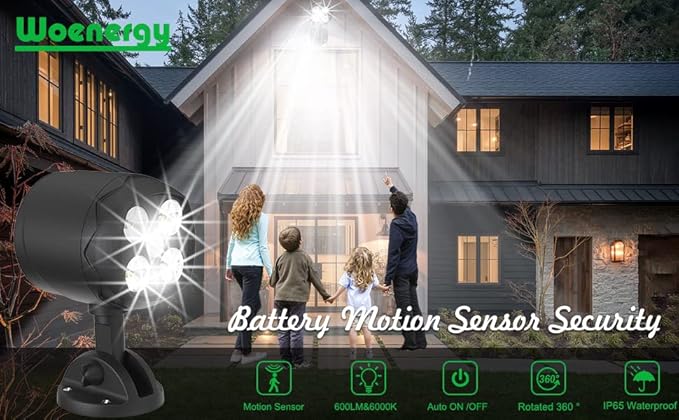 Motion Sensor Outdoor Lights Battery Motion Sensor Light Outdoor 6000K LED Spotlight Outdoor 8W 600 LM Security Lights for Outside Garage and Yard 2 Packs