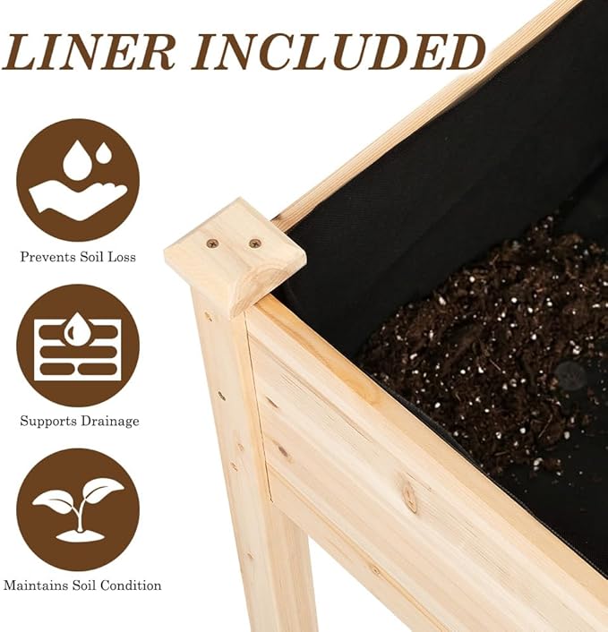 Raised Garden Bed with Lockable Wheels 40x24x32 inch Elevated Wood Planter with Storage Shelf Protective Liner for Vegetable Flower Herb Outdoor Balcony Patio Backyard Natural